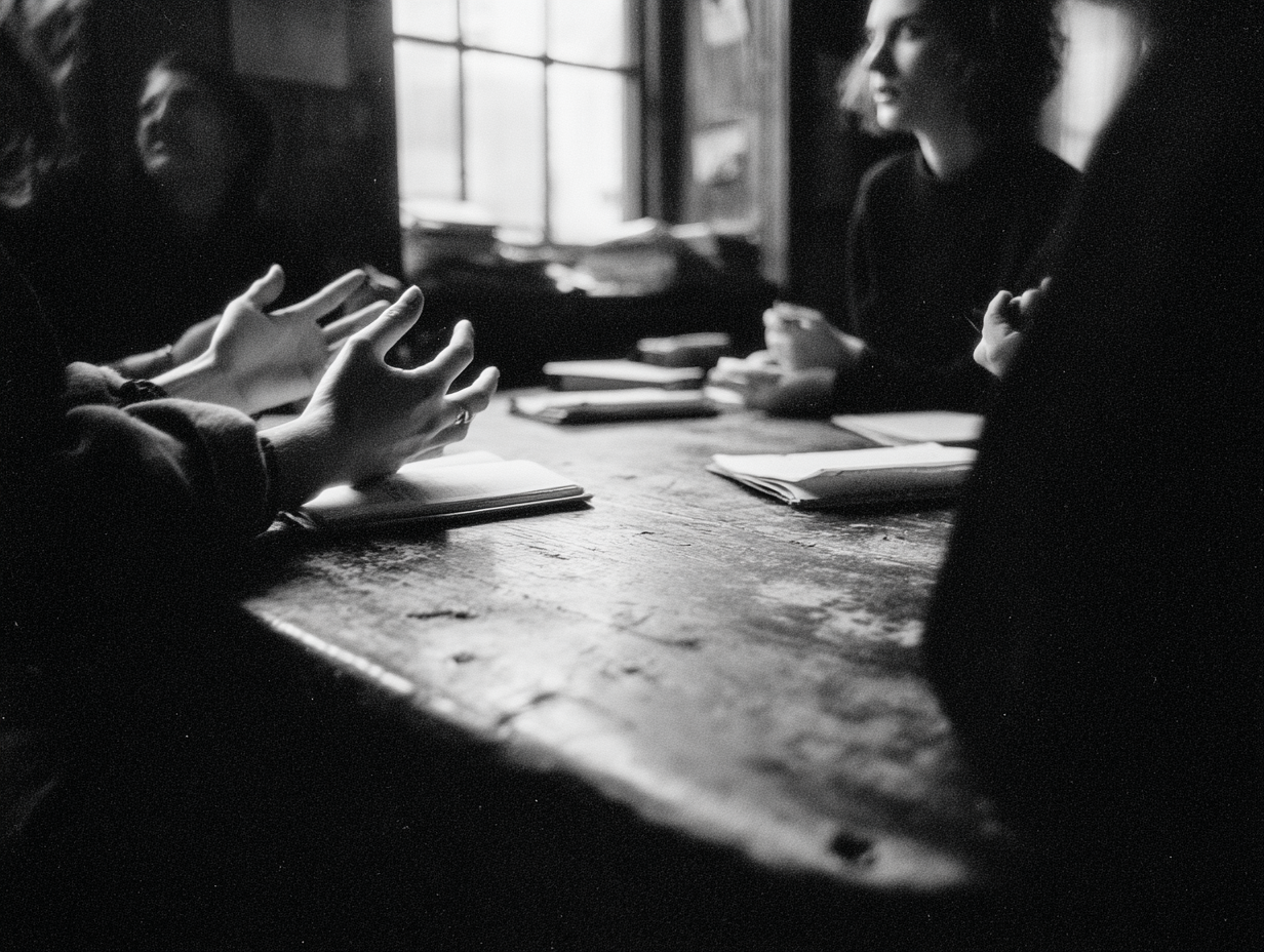A consultation around a wooden table, hands gesturing in conversation